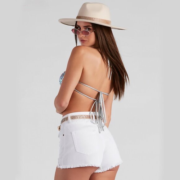 Major Glow Silver Embellished Halter Bra Top Gemstone Padded Cups Tie‑Back - Picture 3 of 9